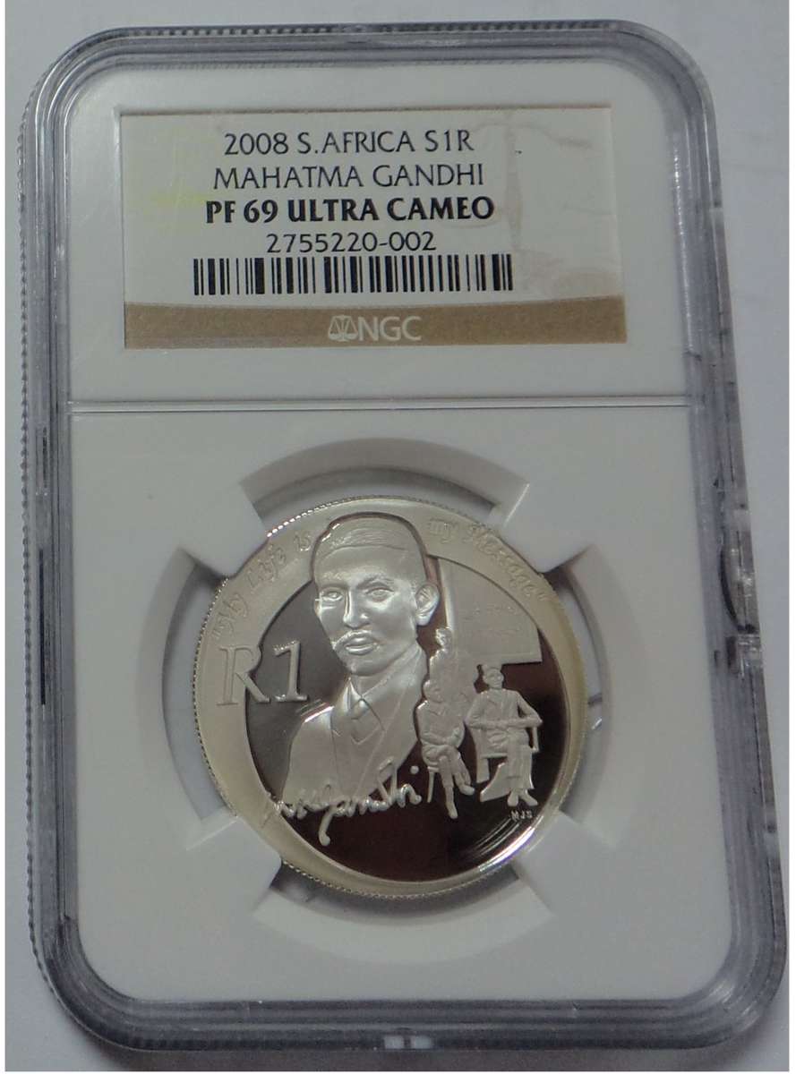 Rep. of SA: Silver Proof R1 of 2008 (Gandhi) NGC PF 69 UC