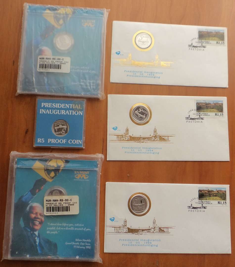 Six Proof Mandela R5 Coins (4 x 1994 Presidential Inauguration & 2 x 2000)