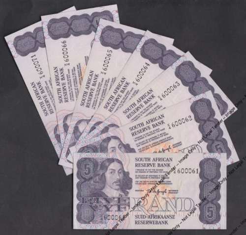Republic of South Africa: TW de Jongh R5, X4 Replacement Note Sequential Run