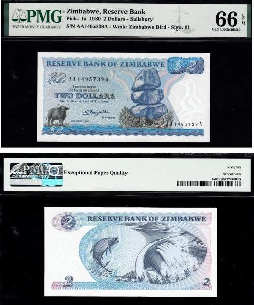 Zimbabwe: Pick 1a 1980 2 Dollars: PMG 66 Gem Uncirculated