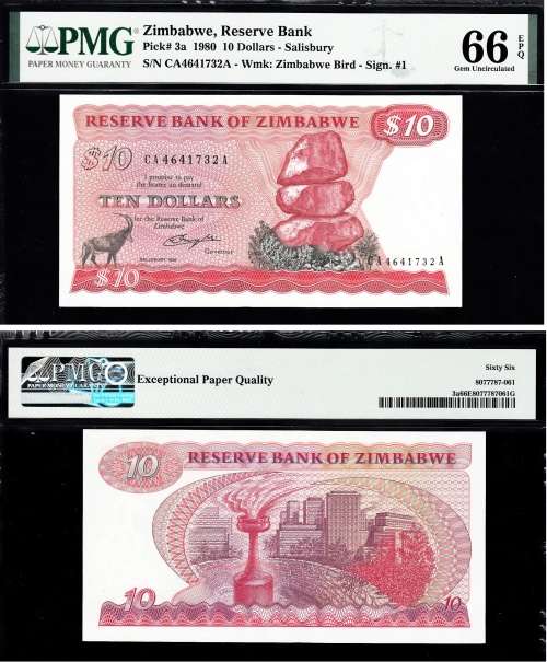Zimbabwe: Pick 3a 1980 10 Dollars: PMG 66 Gem Uncirculated