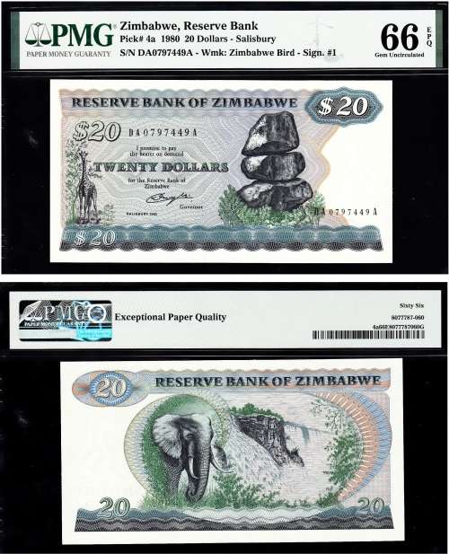 Zimbabwe: Pick 4a 1980 20 Dollars: PMG 66 Gem Uncirculated