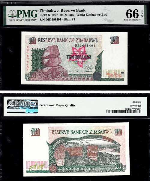 Zimbabwe: Pick 6 1997 10 Dollars: PMG 66 Gem Uncirculated