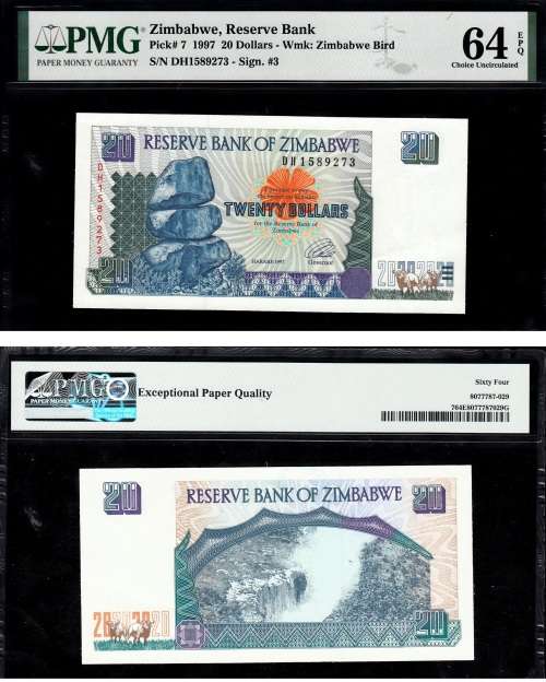 Zimbabwe: Pick 7 1997 20 Dollars: PMG 64 Choice Uncirculated