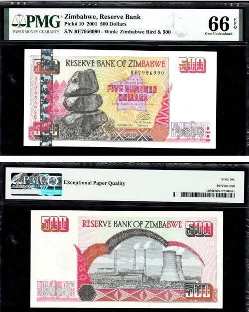 Zimbabwe: Pick 10 2001 500 Dollars: PMG 66 Gem Uncirculated