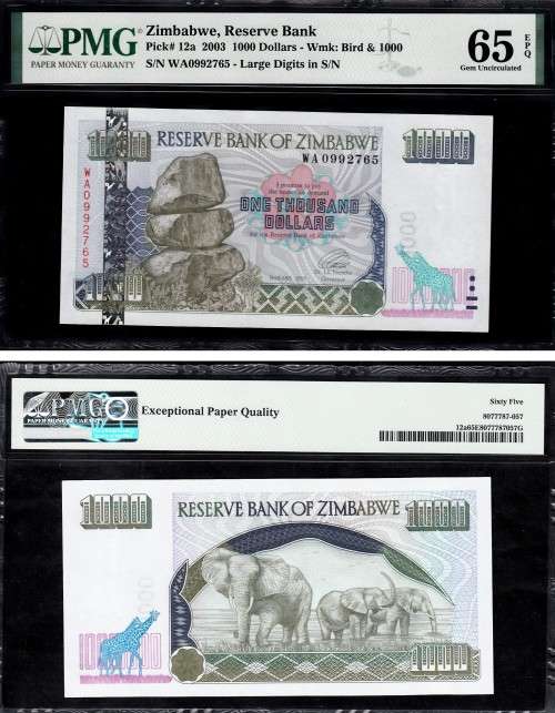 Zimbabwe: Pick 12a 2003 1000 Dollars: PMG 65 Gem Uncirculated