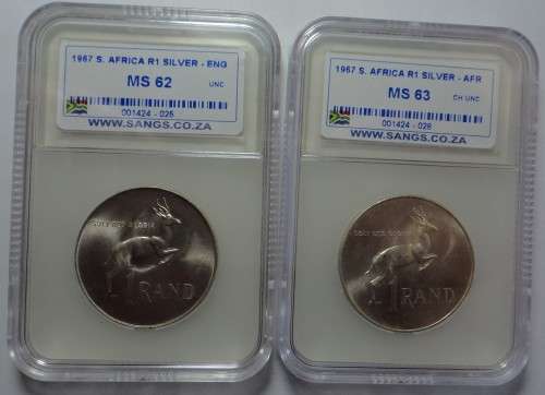RSA: Silver R1 Set of 1967 (Eng. & Afr.) Sangs graded MS62 & MS63