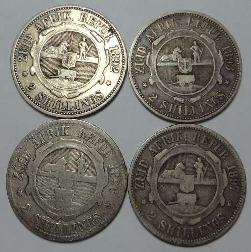Paul Kruger ZAR: Collection of 2-Shillings (1892, 1893 (Scarce) 1896 & 1897)