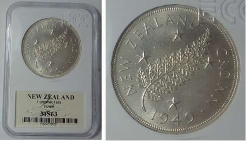 New Zealand: Silver Crown (5/-) 1949: ECC graded MS 63