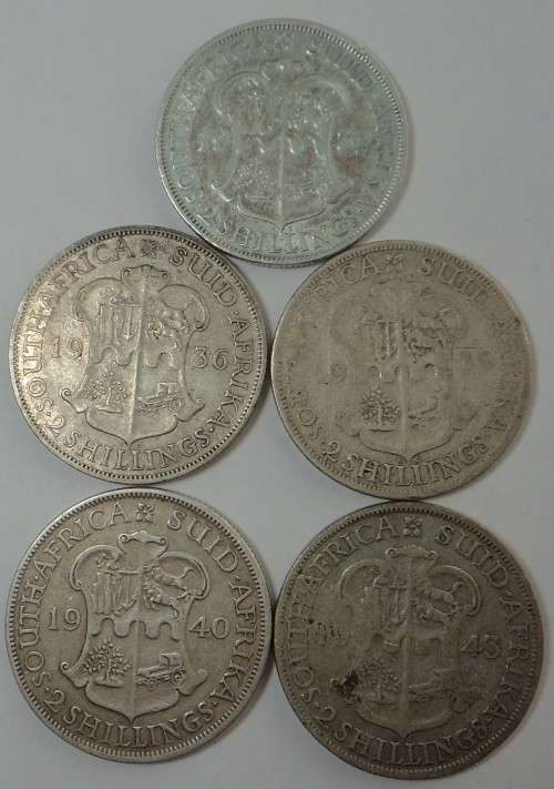 Union of SA: 5 x 2-Shillings (1932, -36, -39, -40 & -43)