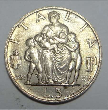 Italy, Vittorio Emanuele III, Silver 5 Lira of 1937 (Scarce)
