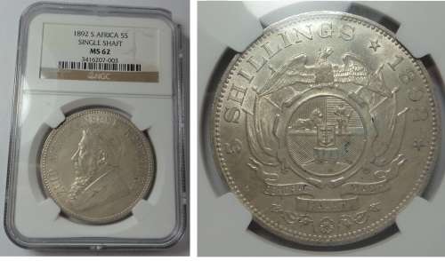 Paul Kruger ZAR 5-Shillings of 1892 (Single Shaft) NGC MS 62