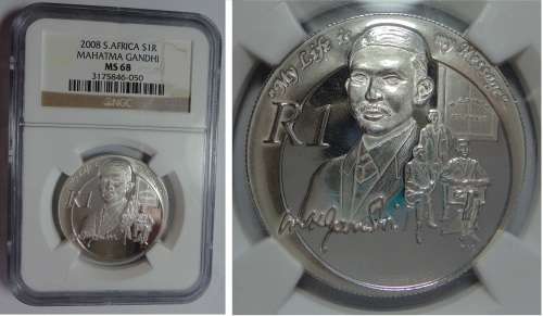 RSA: Silver R1 of 2008 (Mahatma Gandhi) NGC MS 68