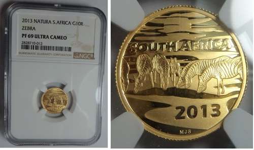 RSA: GOLD NATURA R10 of 2013 (Zebra): NGC PF 69 Ultra Cameo