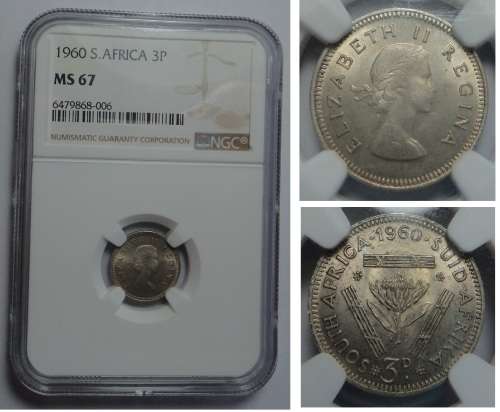 Union of SA: Tickey (3 pence) of 1960: NGC graded MS 67 (Top Pop)