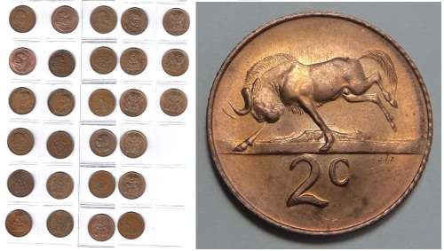 Republic of South Africa: Almost Complete Collection of 2c coins 1965-1990