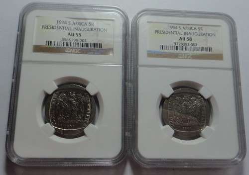 Republic of SA: Inauguration R5 of 1994, NGC graded AU55 & AU58