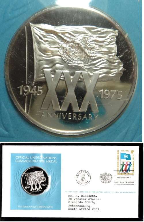United Nations: Sterling Silver Medal with FDC: 30th Anniversary