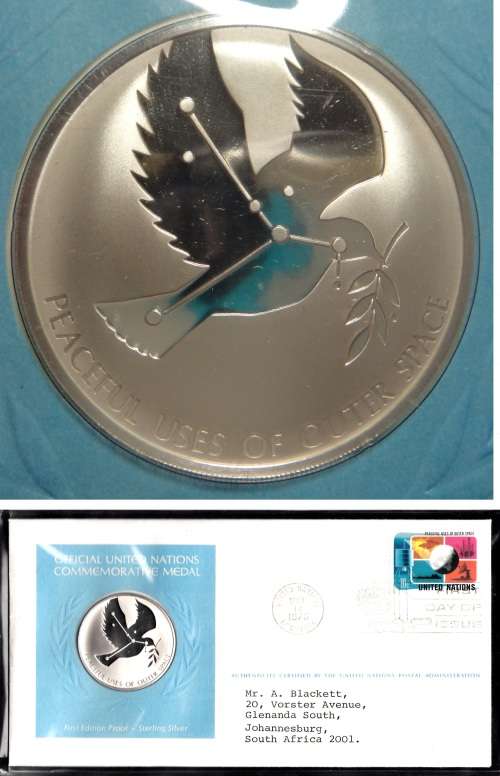 United Nations: Sterling Silver Medal with FDC: Peaceful Uses of Outer Space