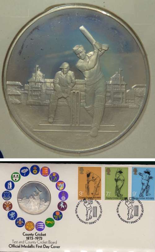 Great Britain: Sterling Silver Medal with FDC: County Cricket 1873-1973