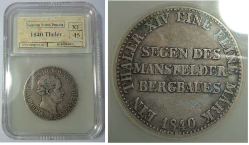 German States (Prussia) Thaler of 1840 (Sangs XF 45)