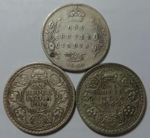 British India: Three Silver Rupees of 1908, 1919 & 1942