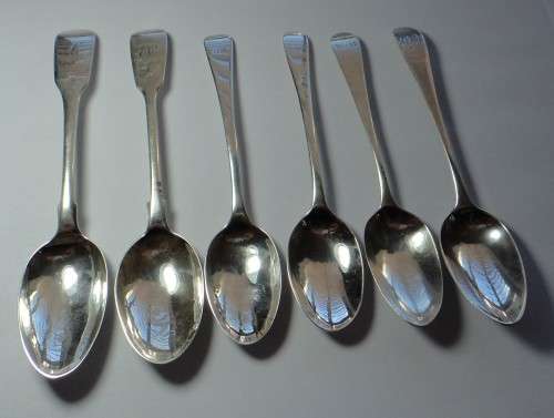 Six Assorted Georgian & Victorian Silver Teaspoons from London