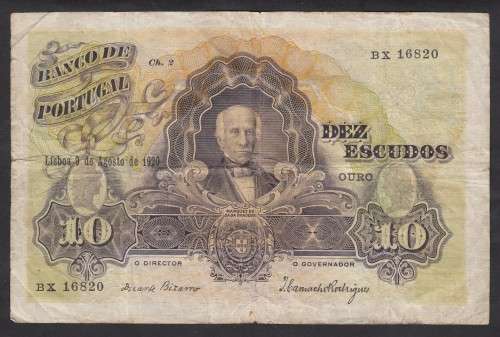 Portugal: 10 Escudos Banknote of 9 August 1920 (Very Scarce)