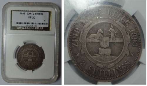 Paul Kruger ZAR: 2-Shillings of 1893: Sangs VF 20