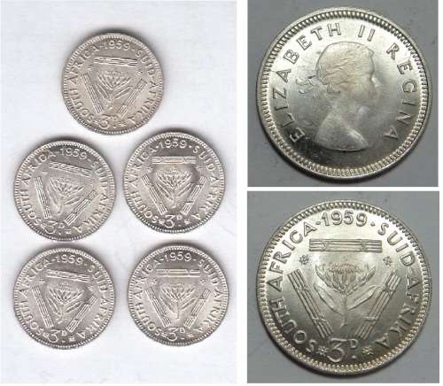 5 x UNC Silver Tickeys of 1959 (Bid per coin to take all)