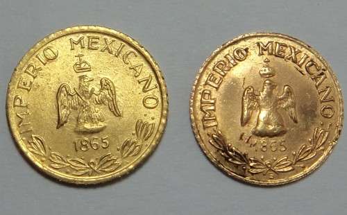 Mexico: 2 x Maximilian Miniature Gold Pesos dated 1865 restrikes