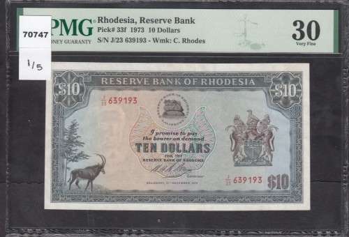 Rhodesia: Ten Dollars 15 December 1973: PMG 30 Very Fine