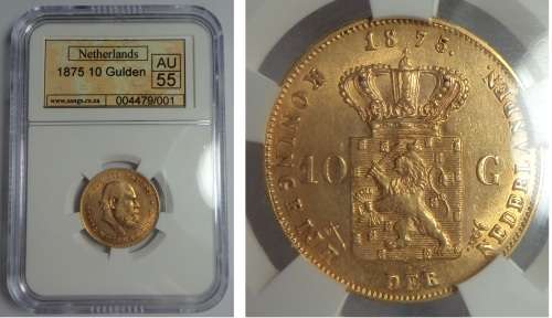 Netherlands: Gold 10 Gulden of 1875, Sangs AU55