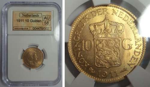 Netherlands: Gold 10 Gulden of 1911, Sangs AU58