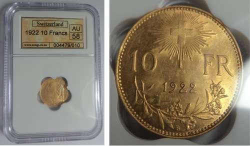 Switzerland Gold 10 Francs 1922 (Bern Mint), Sangs AU58