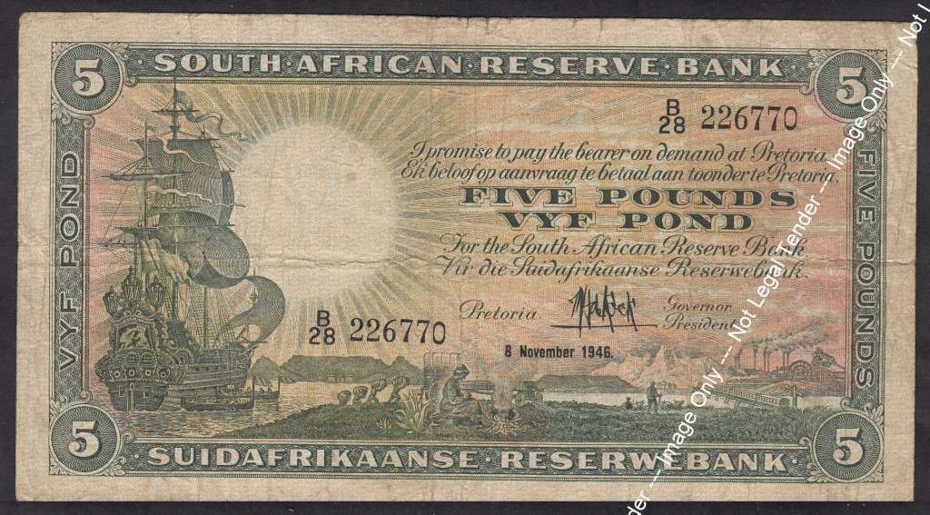 Union of South Africa: Five Pounds // Vyf Pond 8 November 1946