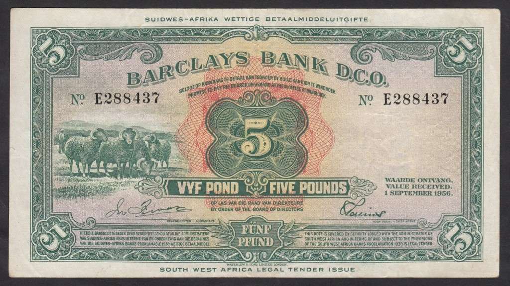 South West Africa (Windhoek) Barclays Bank 5 Pounds 1 Sept 1956