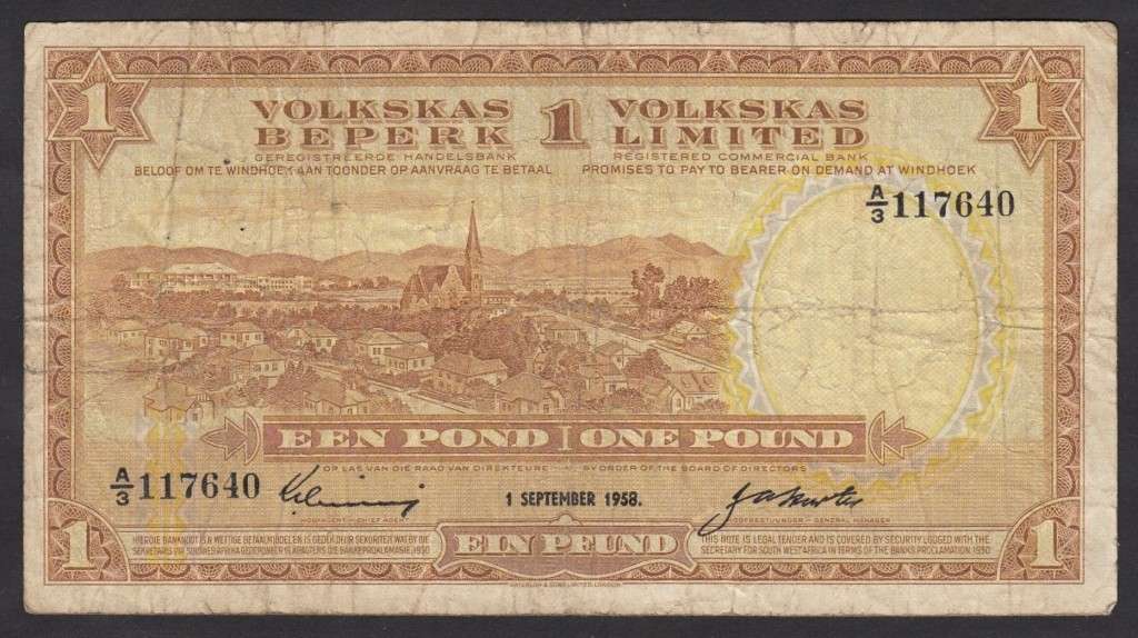 South West Africa (Windhoek) Volkskas Bank 1 Pound 1 Sept 1958