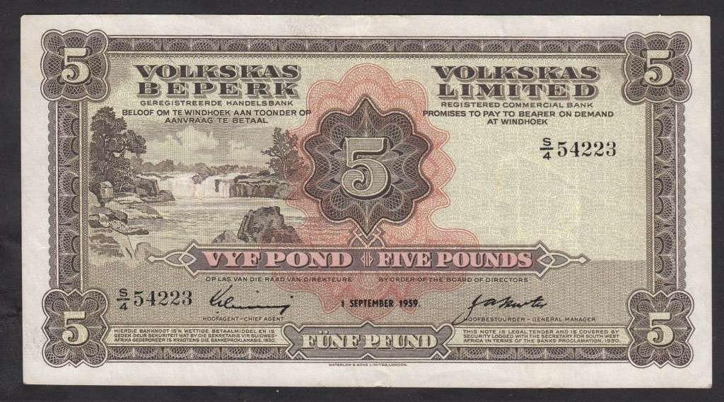 South West Africa (Windhoek) Volkskas Bank 5 Pounds 1 Sept 1959