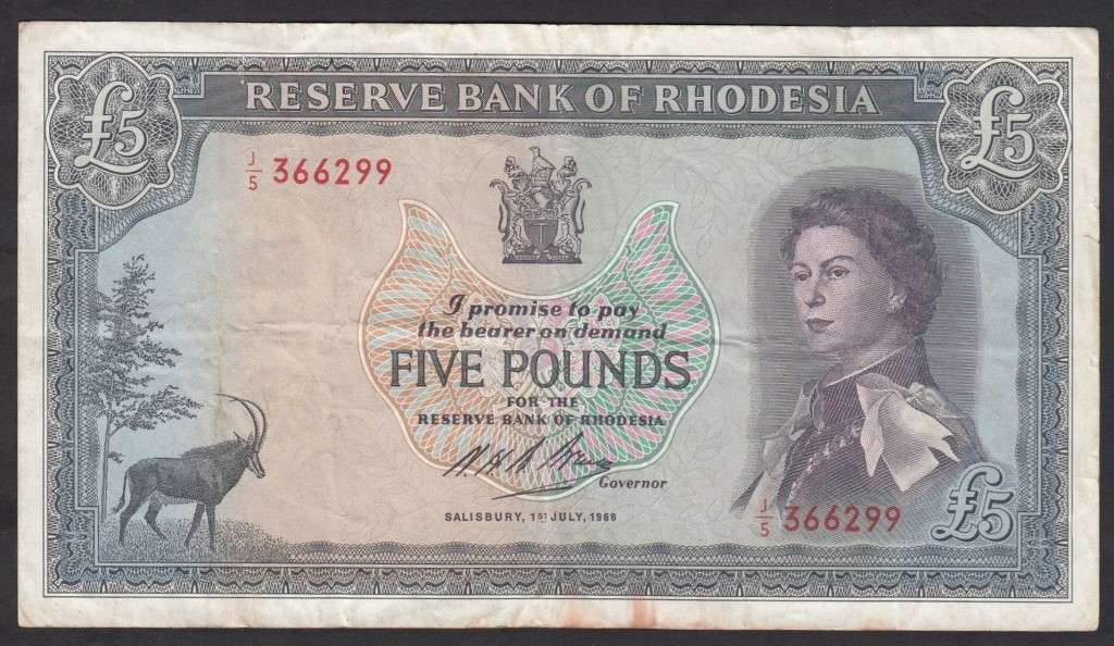 Reserve Bank of Rhodesia: Five Pounds of 1 July 1966