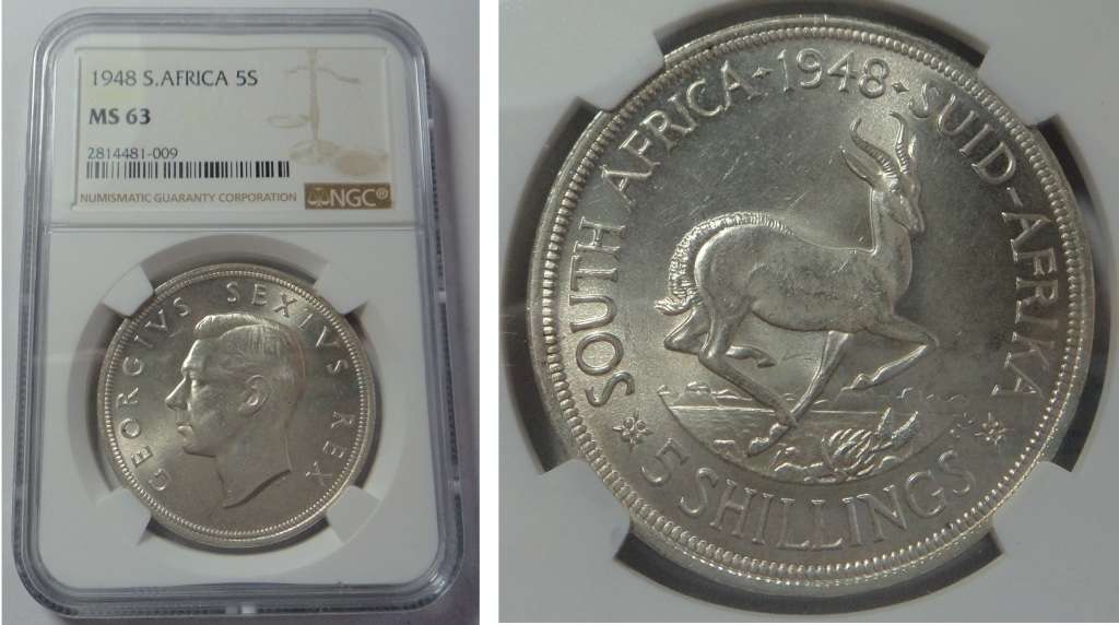 Union of South Africa: Crown (5/-) of 1948, NGC MS 63