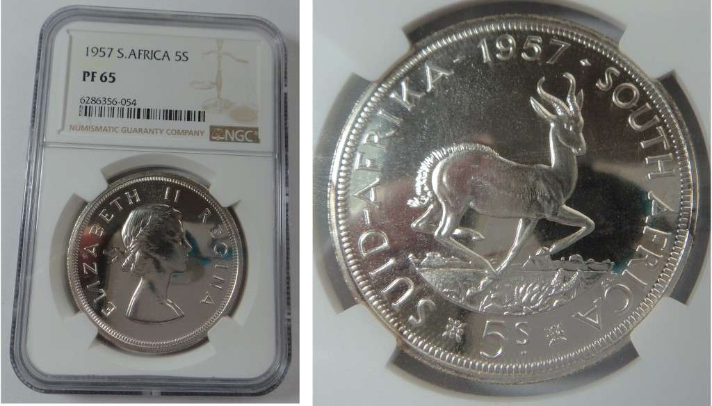 Union of South Africa: Crown (5/-) 1957, NGC PF 65