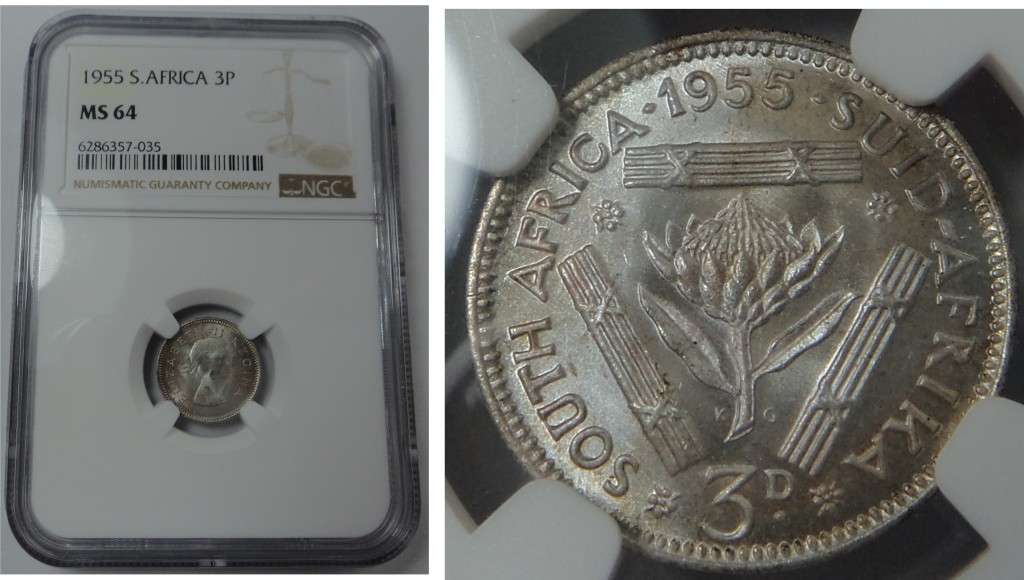 Union of South Africa: Three Pence 1955, NGC MS 64