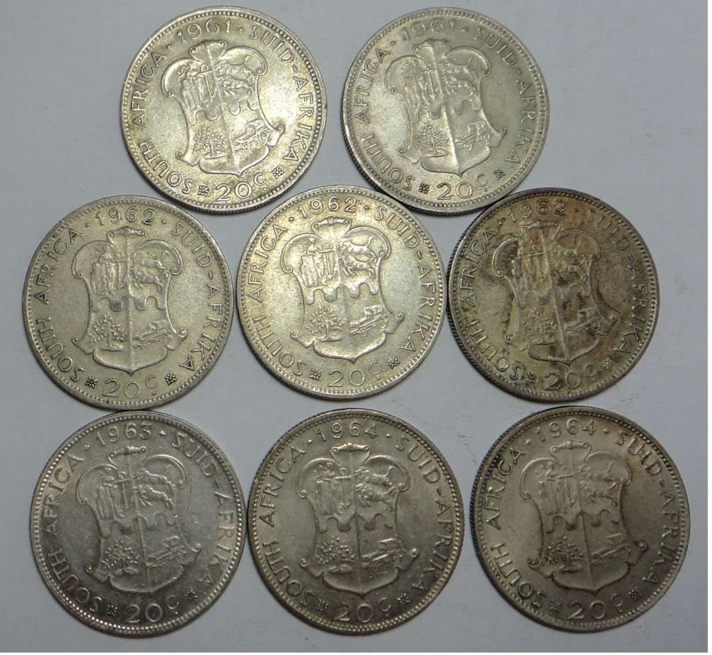 Rep. of South Africa: Eight Silver 20c pieces from 1961 to 1963
