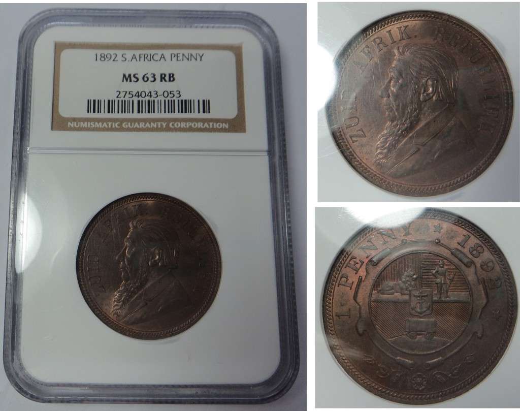 Paul Kruger ZAR: Penny 1892, NGC MS 63 RB