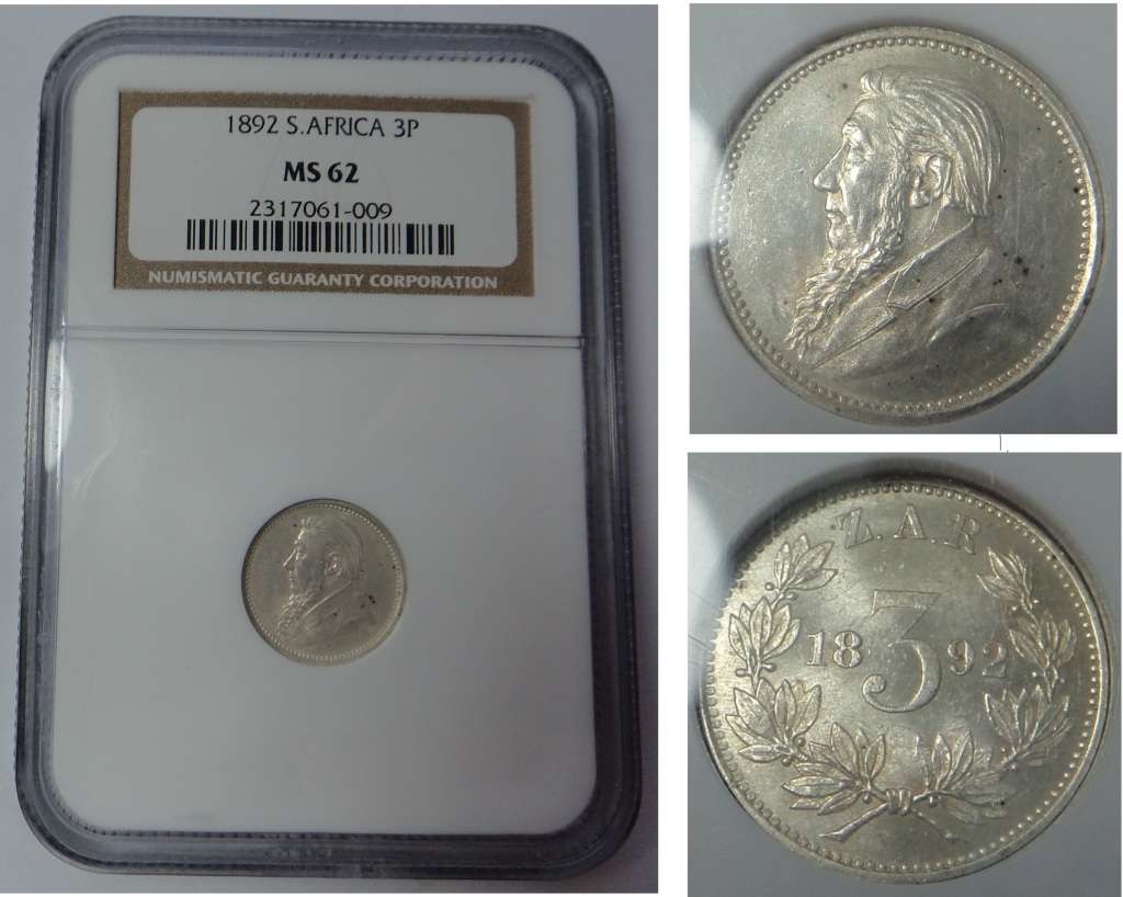 Paul Kruger ZAR: Three Pence 1892, NGC MS 62