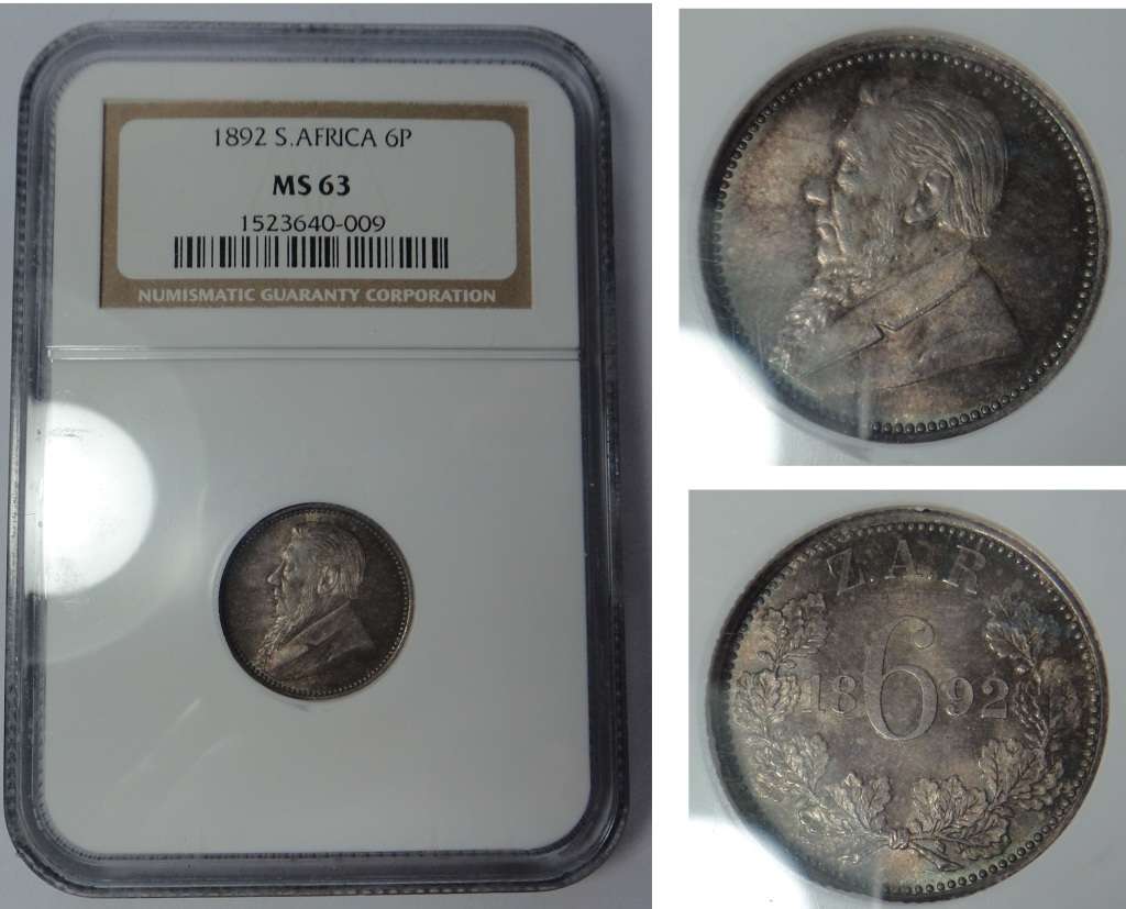 Paul Kruger ZAR: Sixpence (6d) 1892, NGC MS 63