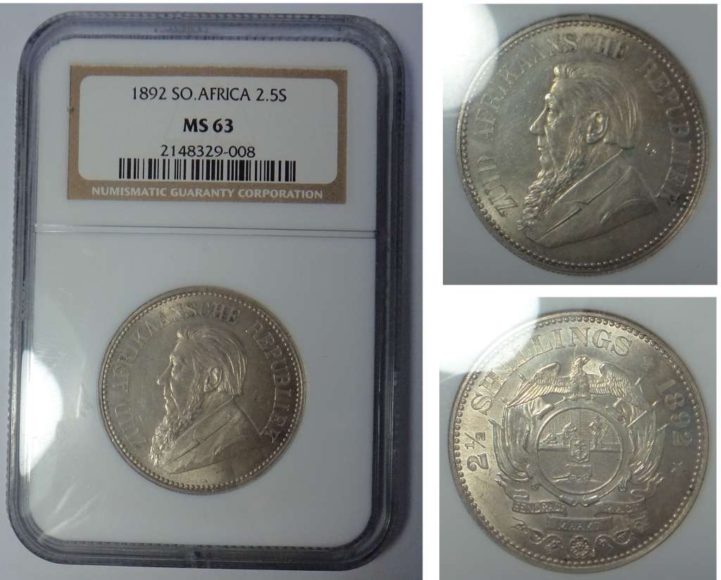 Paul Kruger ZAR: Half Crown (2/6) 1892, NGC MS 63