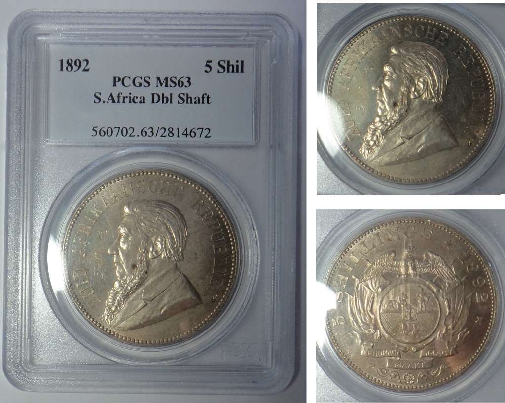 Paul Kruger ZAR: 5/- Double Shaft 1892, PCGS MS 63