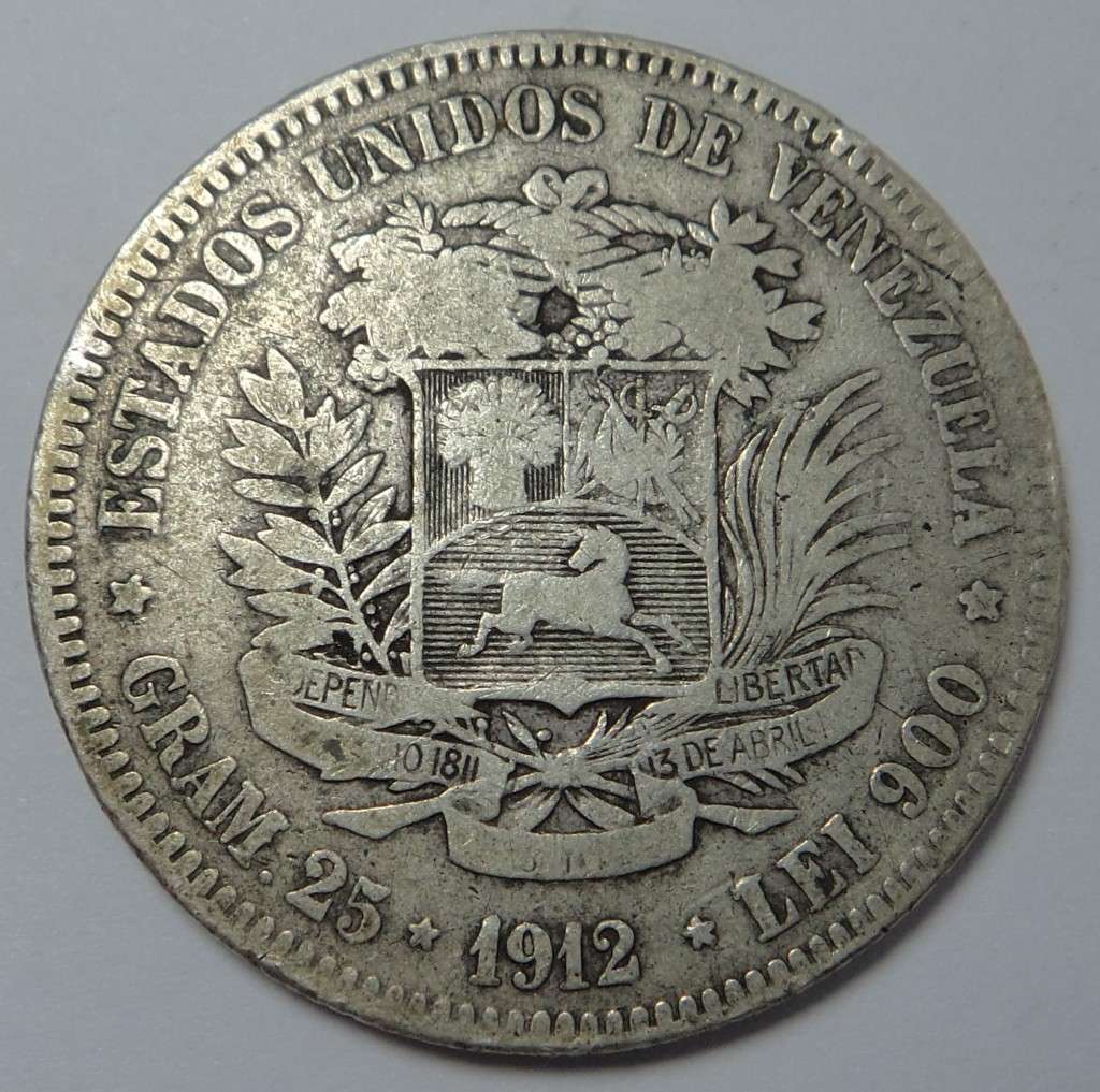 Venezuela: Crown-size Silver  5-Bolivares 1912